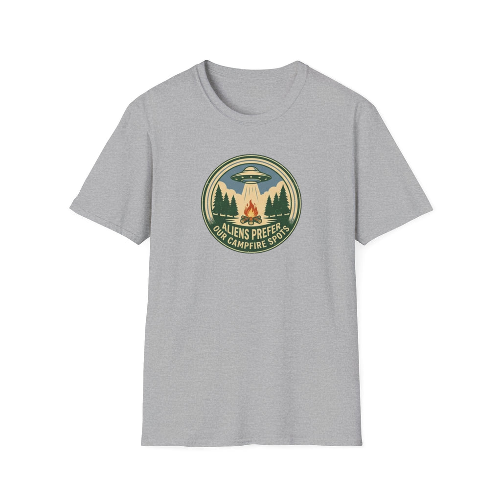 Aliens Prefer Our Campfire Spots T-Shirt | UFO Camping Badge Graphic