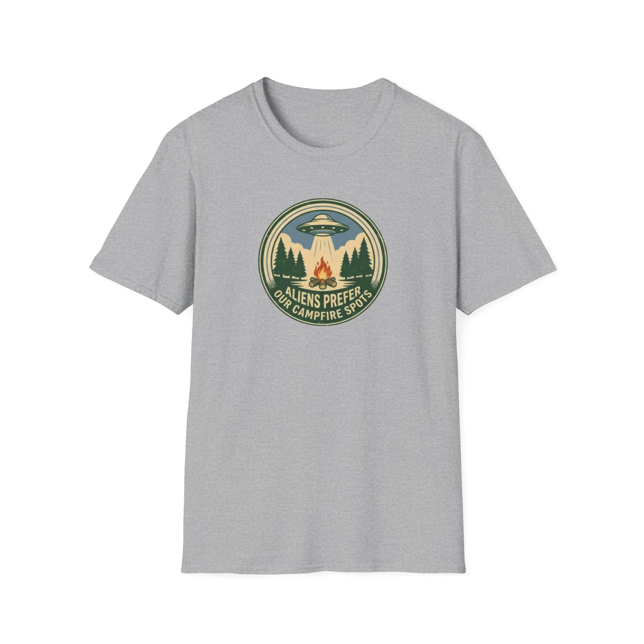 Aliens Prefer Our Campfire Spots T-Shirt | UFO Camping Badge Graphic