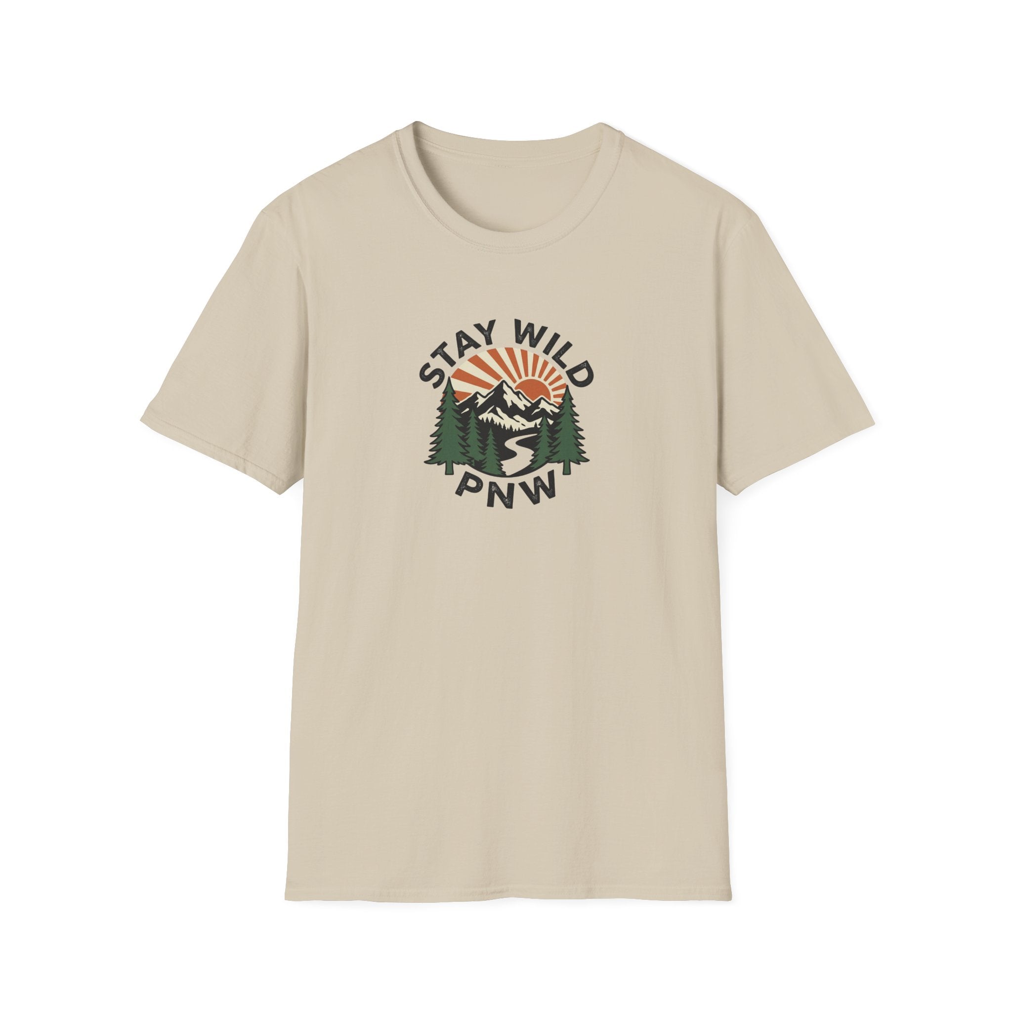 Stay Wild PNW T-Shirt | Mountain Sunset, Pine Trees, River Road