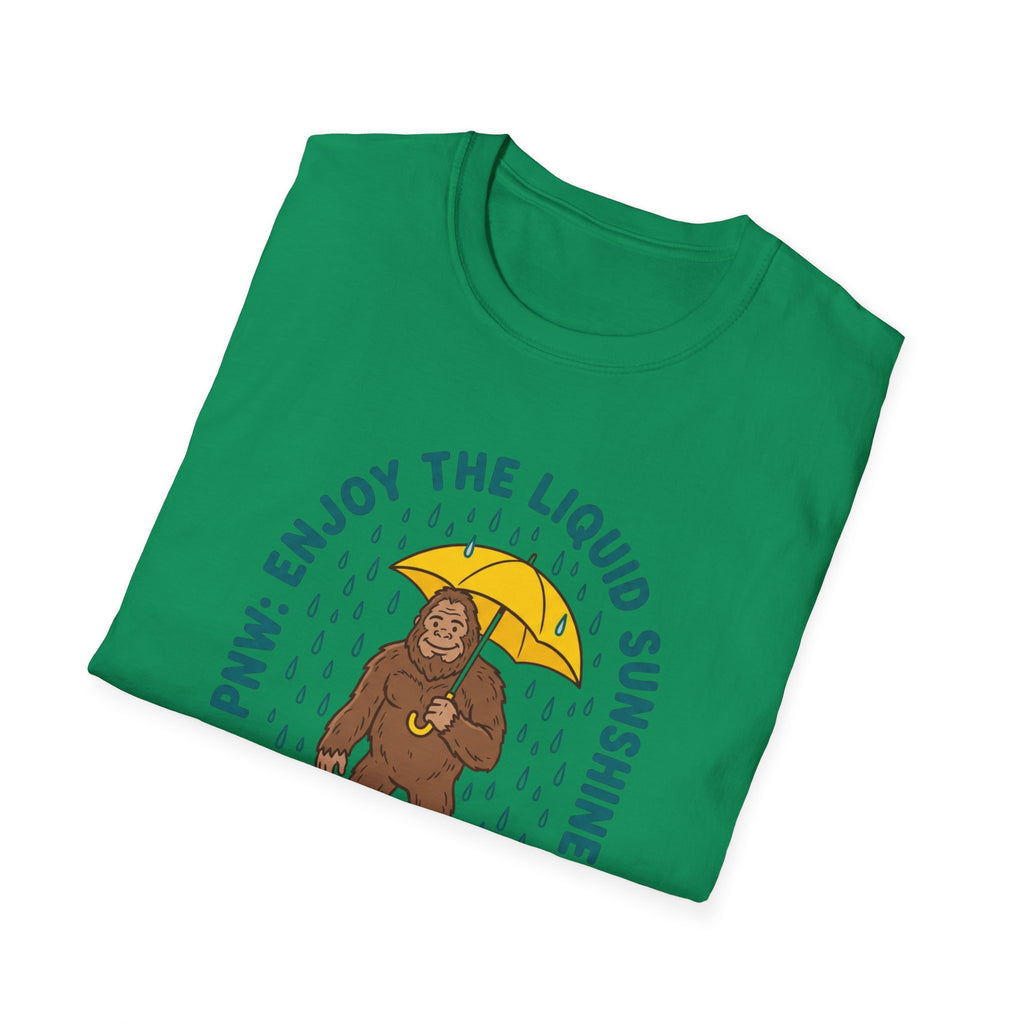 PNW Enjoy the Liquid Sunshine Bigfoot T-Shirt | Rain Umbrella Illustration