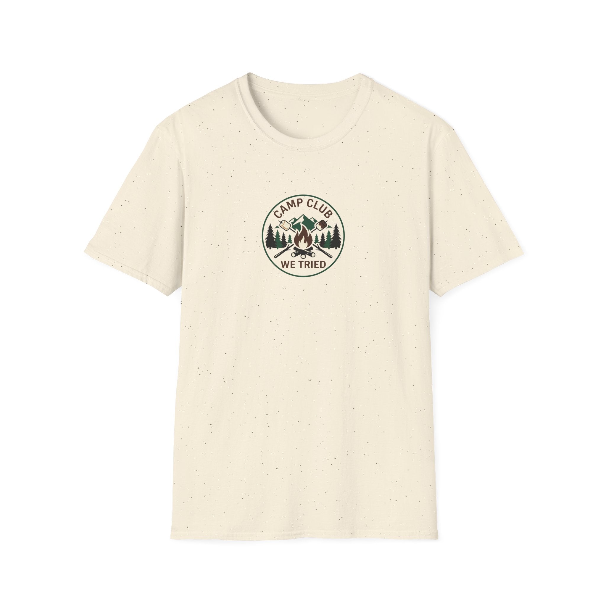 Camp Club We Tried T-Shirt | Camping Badge, Mountains & Pine Trees