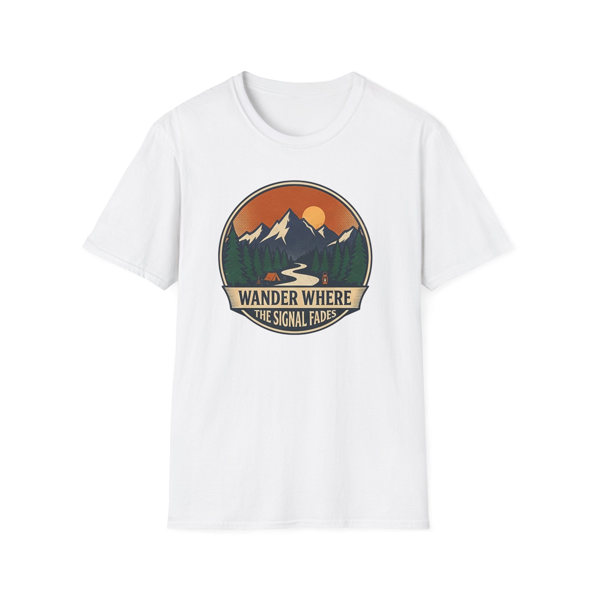 Wander Where The Signal Fades T-Shirt | Mountain Sunset Camping Design