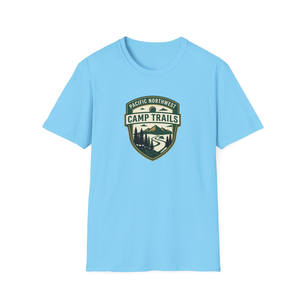 Camp Trails badge T-Shirt | Mountain camping logo, forest trail emblem