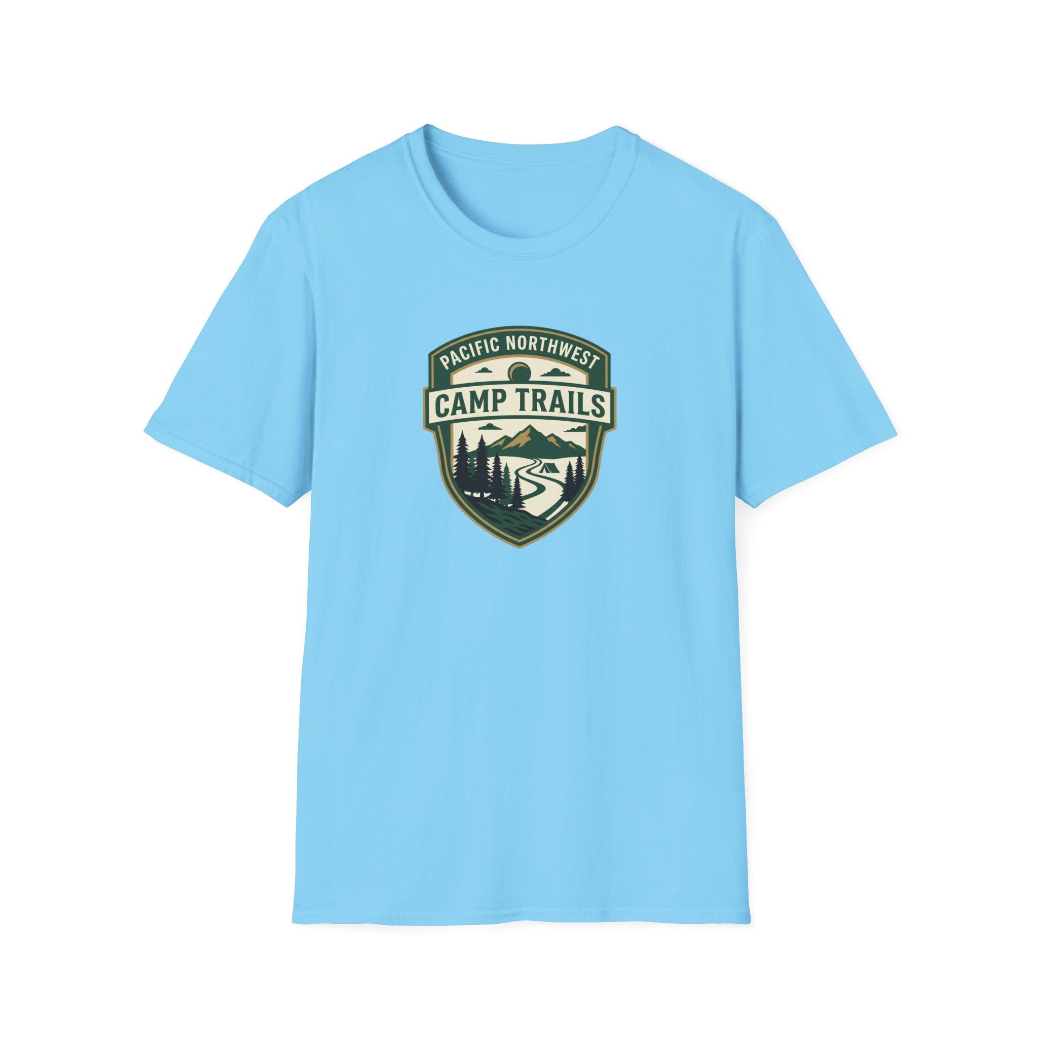 Camp Trails badge T-Shirt | Mountain camping logo, forest trail emblem