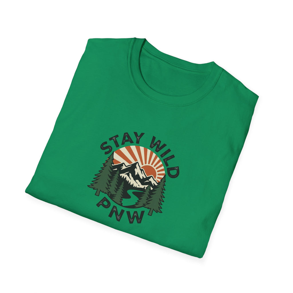 Stay Wild PNW T-Shirt | Mountain Sunset, Pine Trees, River Road