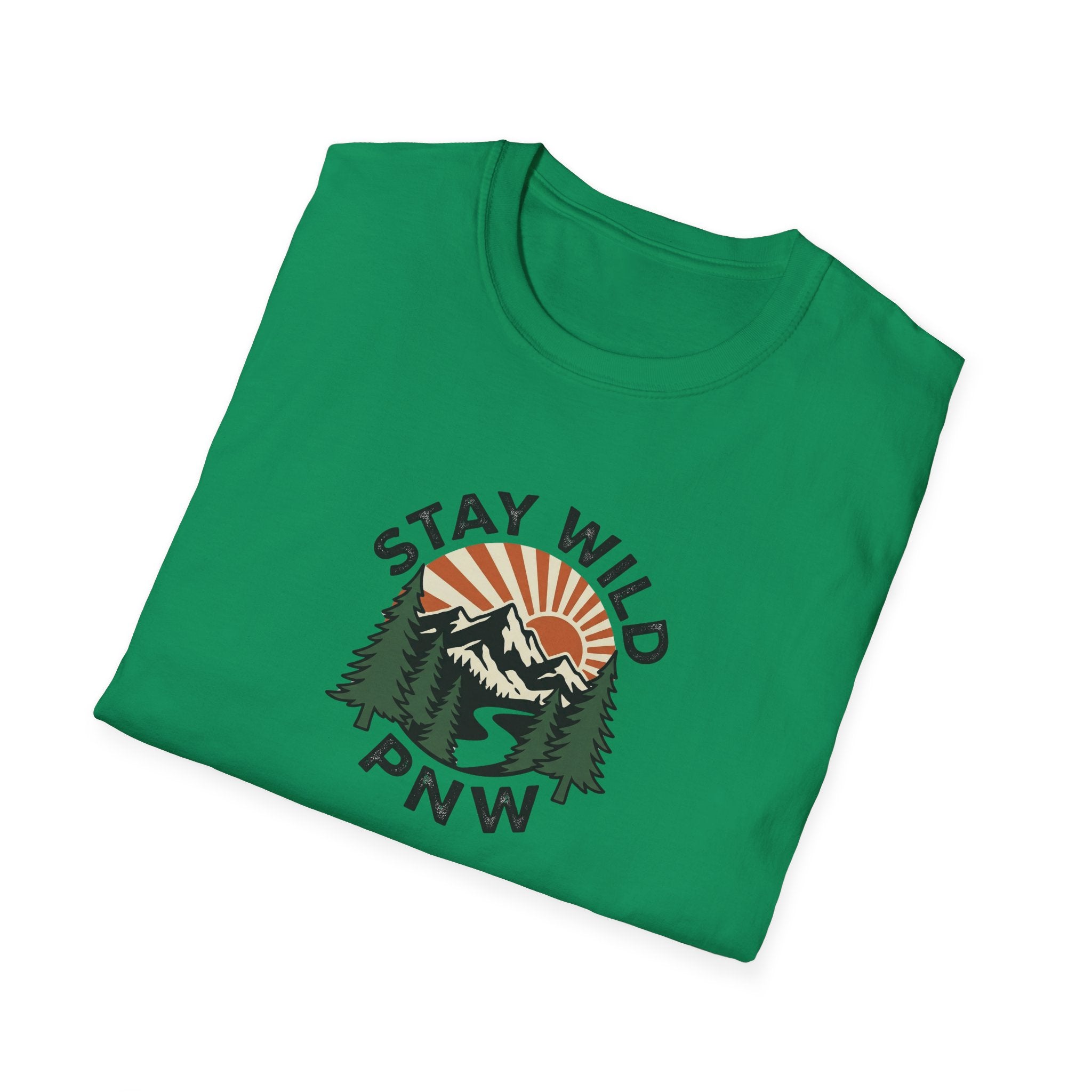 Stay Wild PNW T-Shirt | Mountain Sunset, Pine Trees, River Road