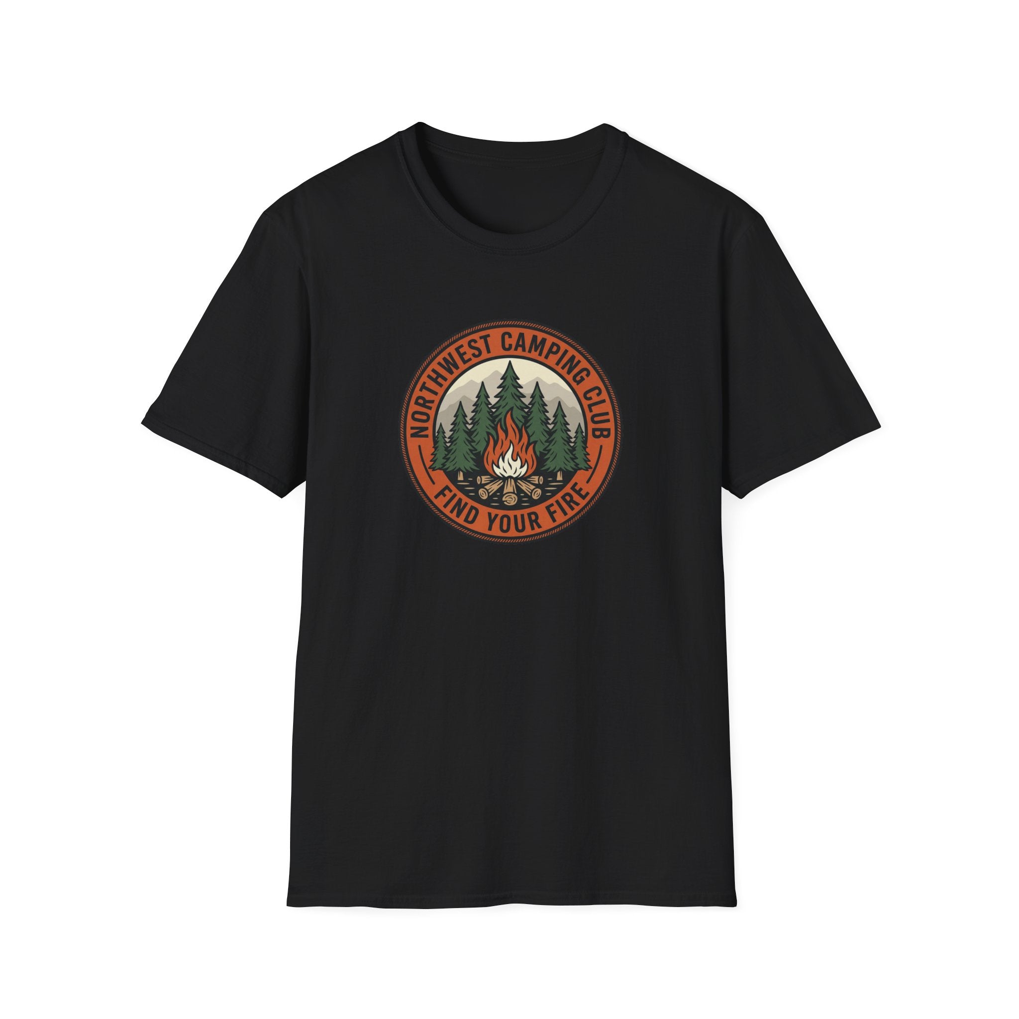 Northwest Camping Club Find Your Fire T-Shirt | Campfire Trees Outdoor Badge Shirt