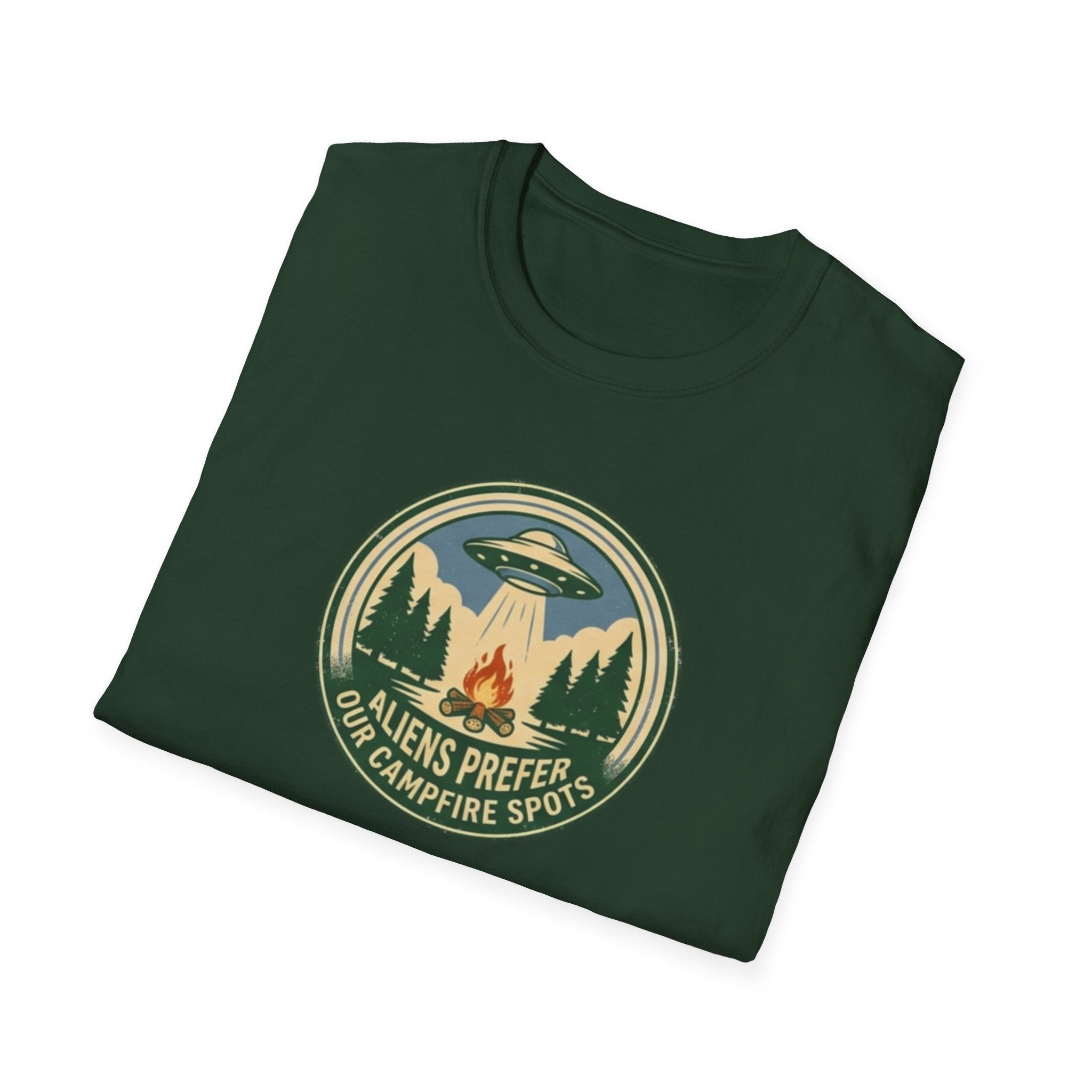 Aliens Prefer Our Campfire Spots T-Shirt | UFO Camping Badge Graphic