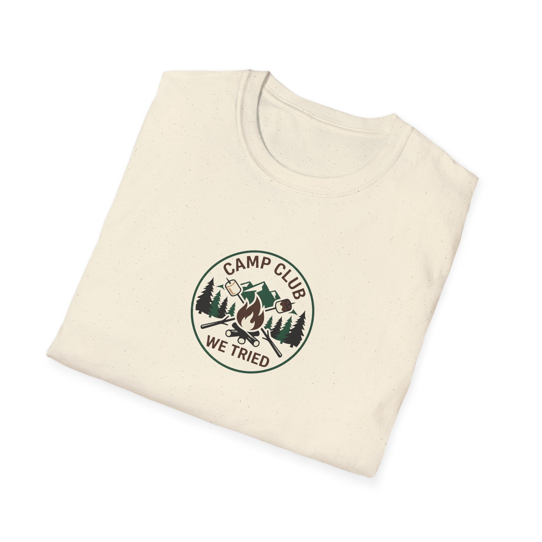 Camp Club We Tried T-Shirt | Camping Badge, Mountains & Pine Trees