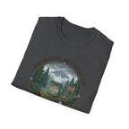 Cozy Camping Coffee Scene T-Shirt | Mountain Mug, Rainy Forest Illustration