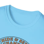 Sasquatch Hide & Seek Champion T-Shirt | Powered by Coffee, Bigfoot Design