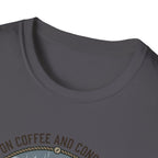 Cozy Camping Coffee Scene T-Shirt | Mountain Mug, Rainy Forest Illustration