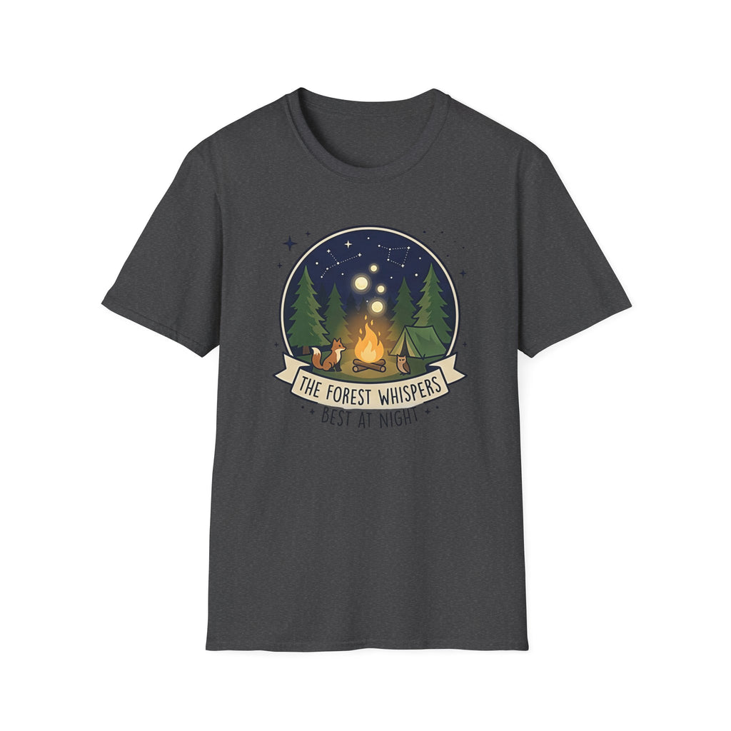 The Forest Whispers campfire scene T-Shirt | nighttime woods illustration