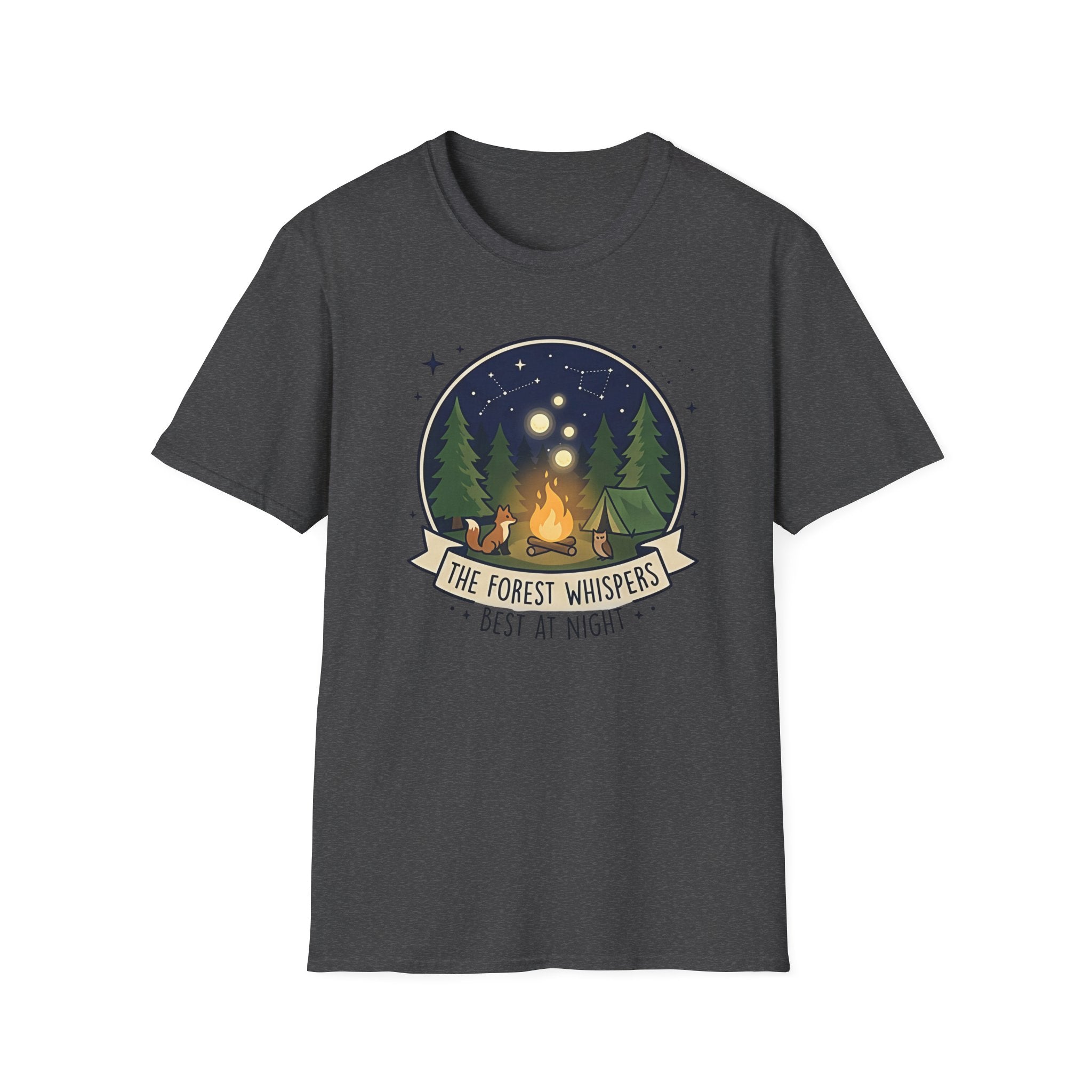 The Forest Whispers campfire scene T-Shirt | nighttime woods illustration