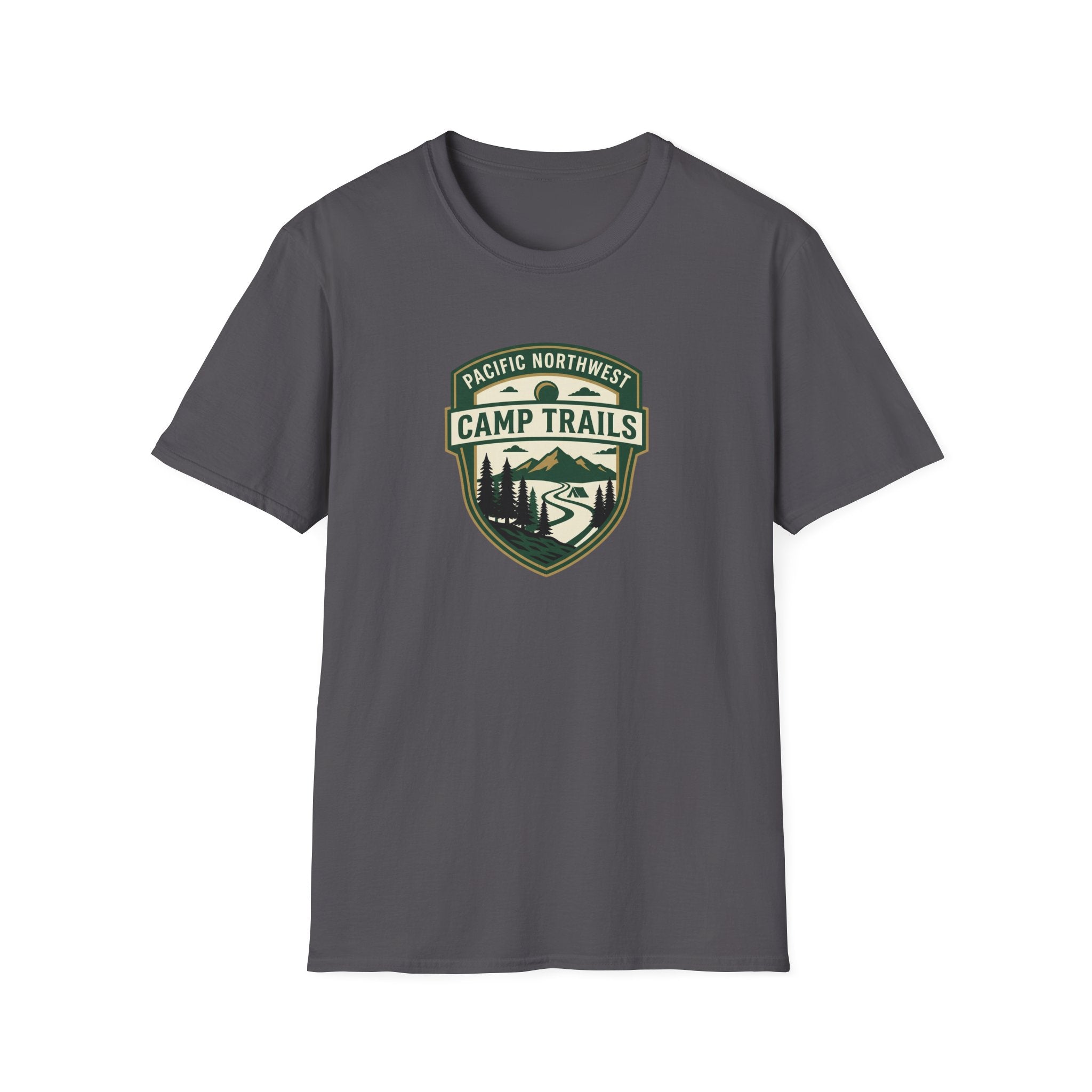 Camp Trails badge T-Shirt | Mountain camping logo, forest trail emblem