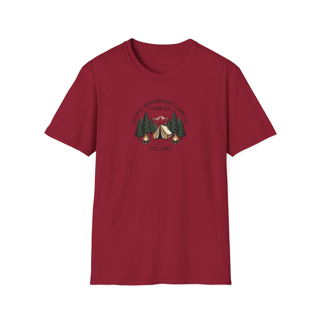 Campwood Trees Tent Graphic T-Shirt | Mountain Camping Logo, EST 1987