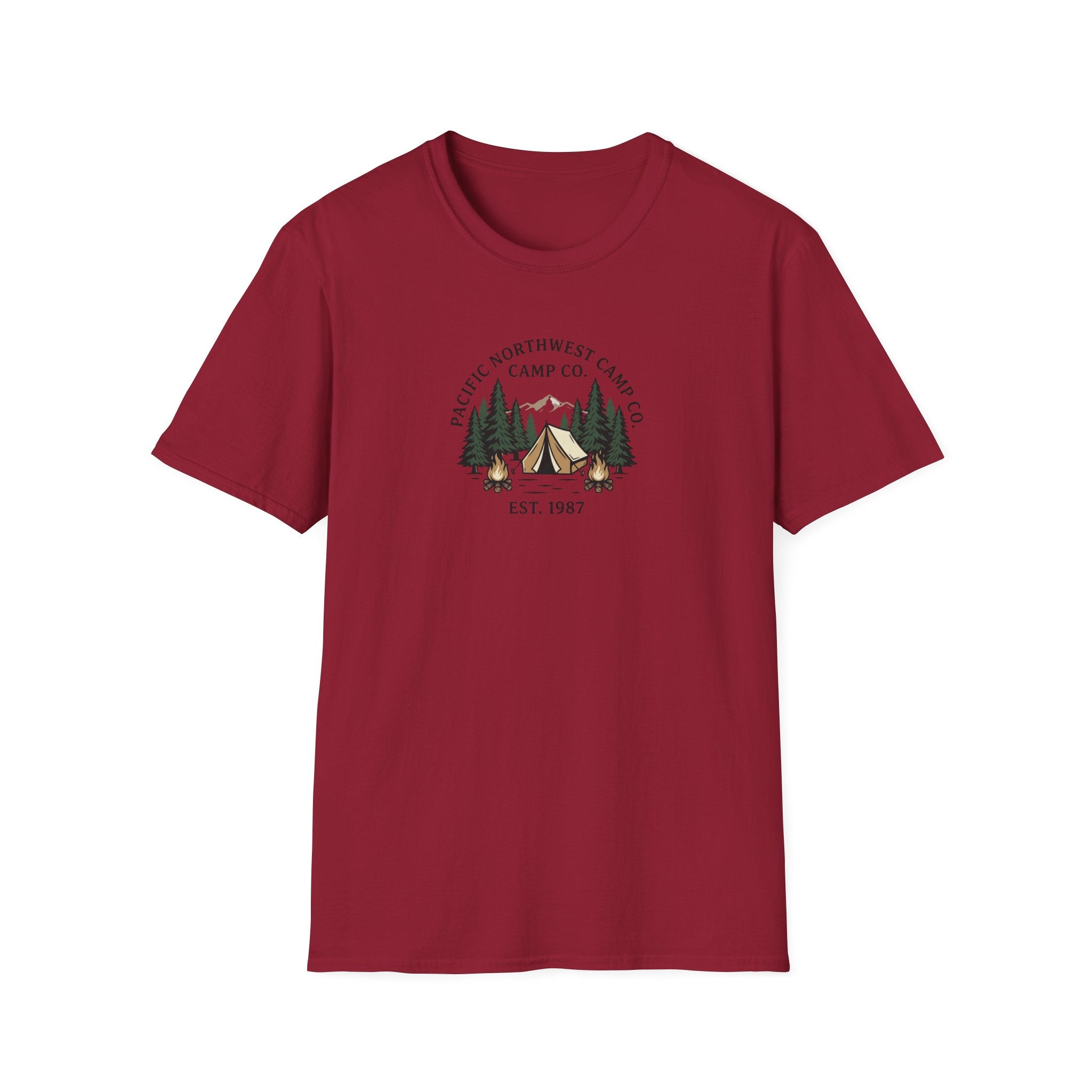 Campwood Trees Tent Graphic T-Shirt | Mountain Camping Logo, EST 1987