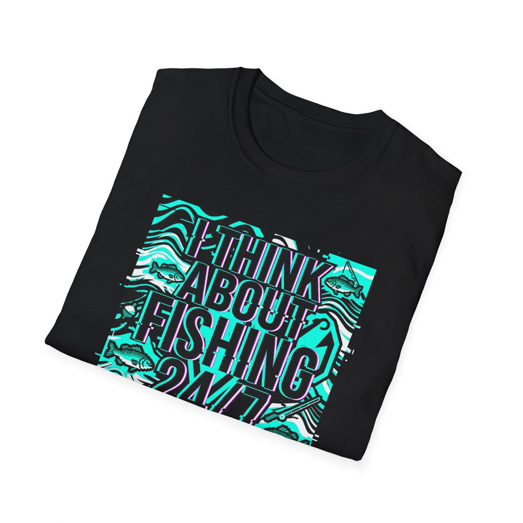 Think About Fishing 24/7 T-Shirt | Fishing Graphic Tee, Nautical Wave Design