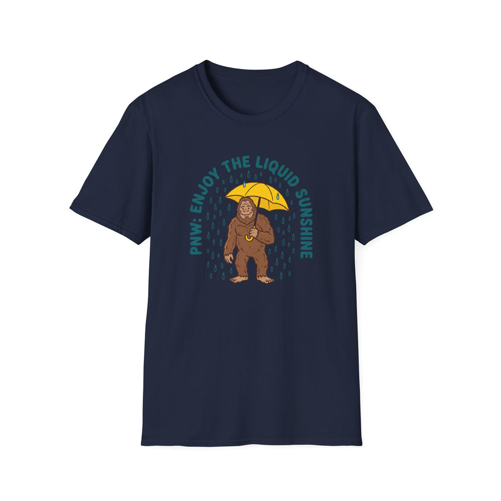 PNW Enjoy the Liquid Sunshine Bigfoot T-Shirt | Rain Umbrella Illustration