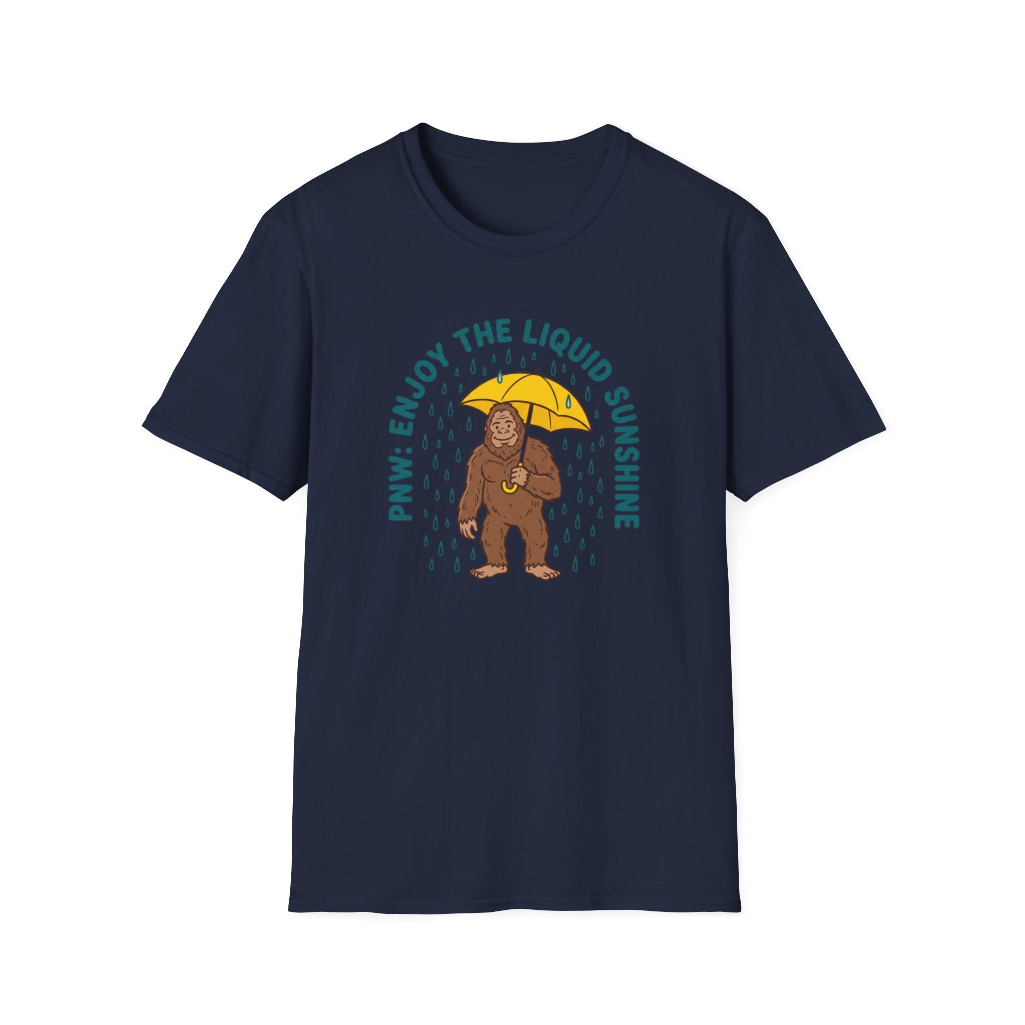 PNW Enjoy the Liquid Sunshine Bigfoot T-Shirt | Rain Umbrella Illustration