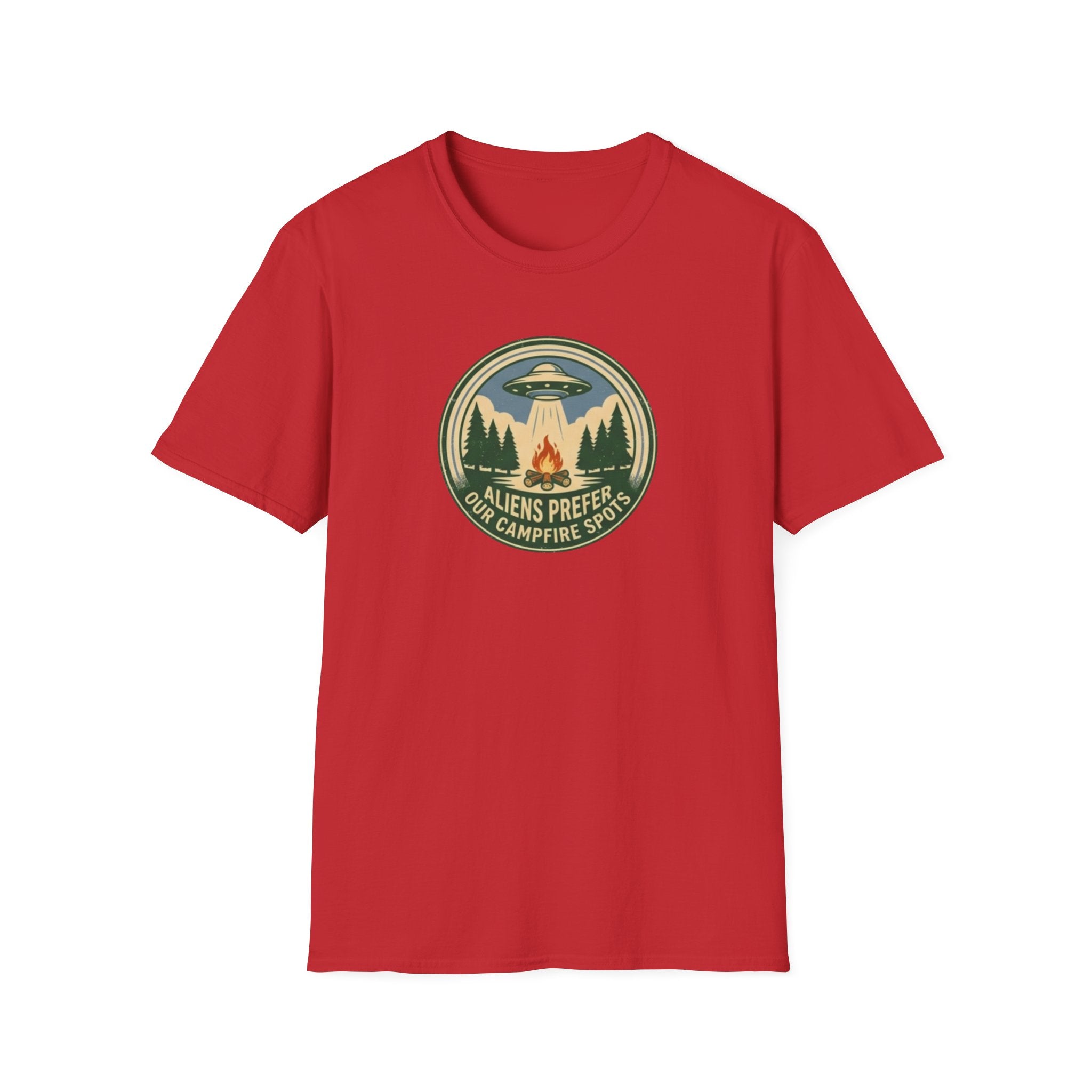 Aliens Prefer Our Campfire Spots T-Shirt | UFO Camping Badge Graphic