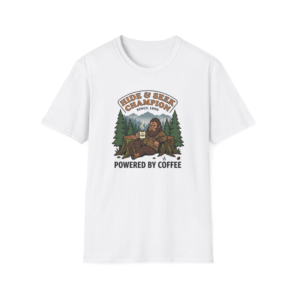 Sasquatch Hide & Seek Champion T-Shirt | Powered by Coffee, Bigfoot Design