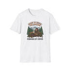 Sasquatch Hide & Seek Champion T-Shirt | Powered by Coffee, Bigfoot Design