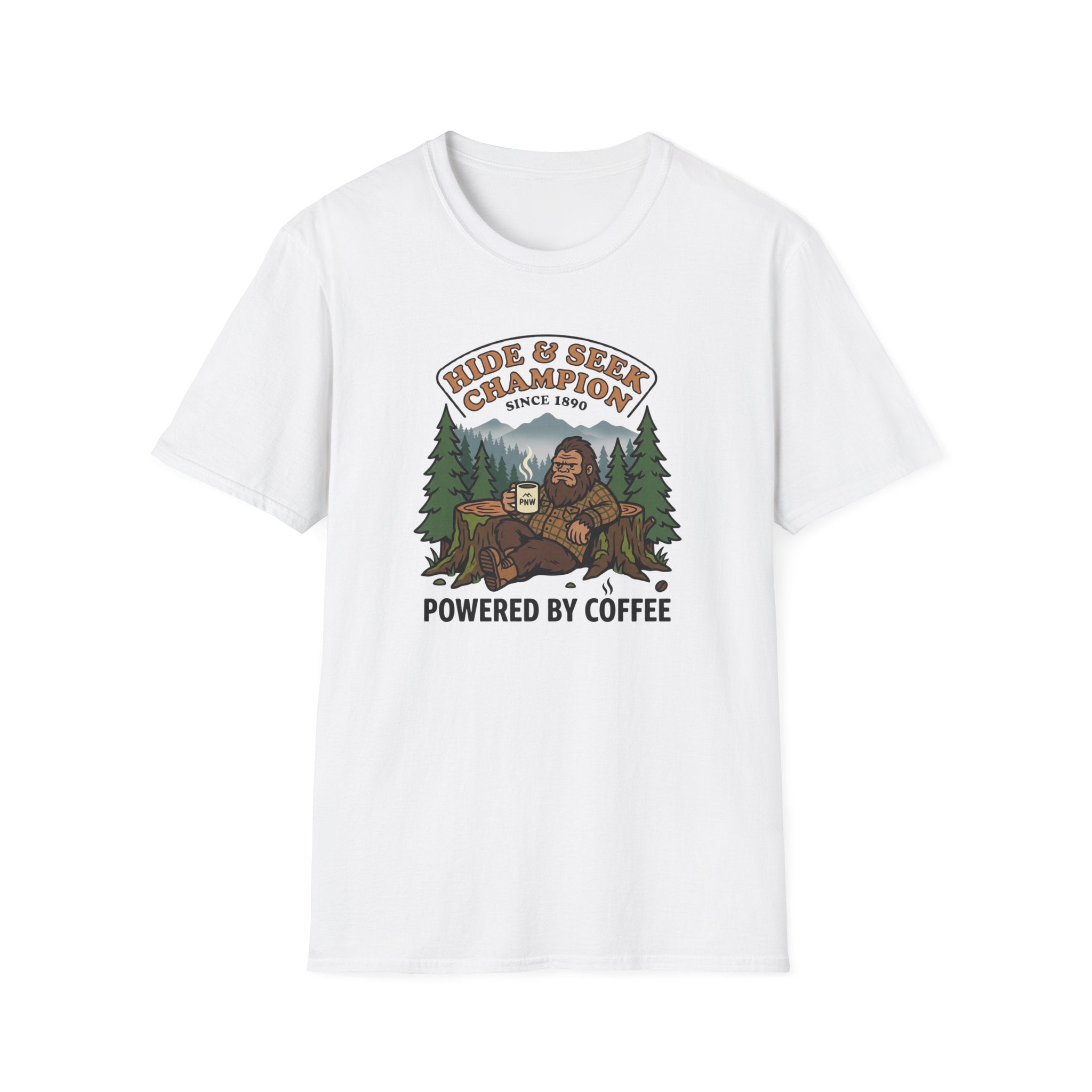 Sasquatch Hide & Seek Champion T-Shirt | Powered by Coffee, Bigfoot Design