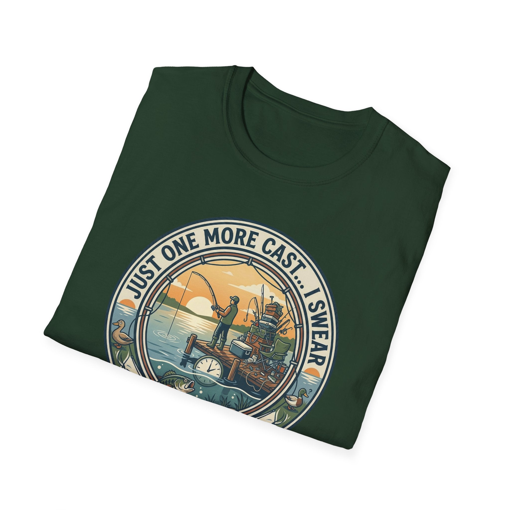 Just One More Cast Fishing T-Shirt | Retro Sunset Angler Design
