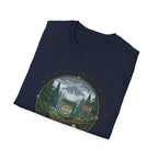 Cozy Camping Coffee Scene T-Shirt | Mountain Mug, Rainy Forest Illustration