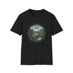 Cozy Camping Coffee Scene T-Shirt | Mountain Mug, Rainy Forest Illustration
