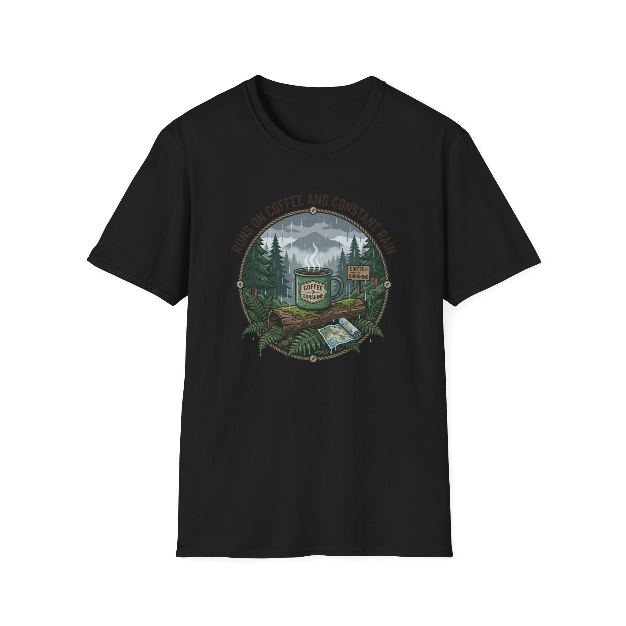 Cozy Camping Coffee Scene T-Shirt | Mountain Mug, Rainy Forest Illustration