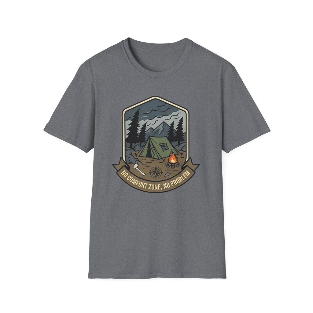 Camping Badge tent and campfire graphic T-Shirt | outdoors hiking adventure emblem