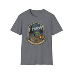 Camping Badge tent and campfire graphic T-Shirt | outdoors hiking adventure emblem