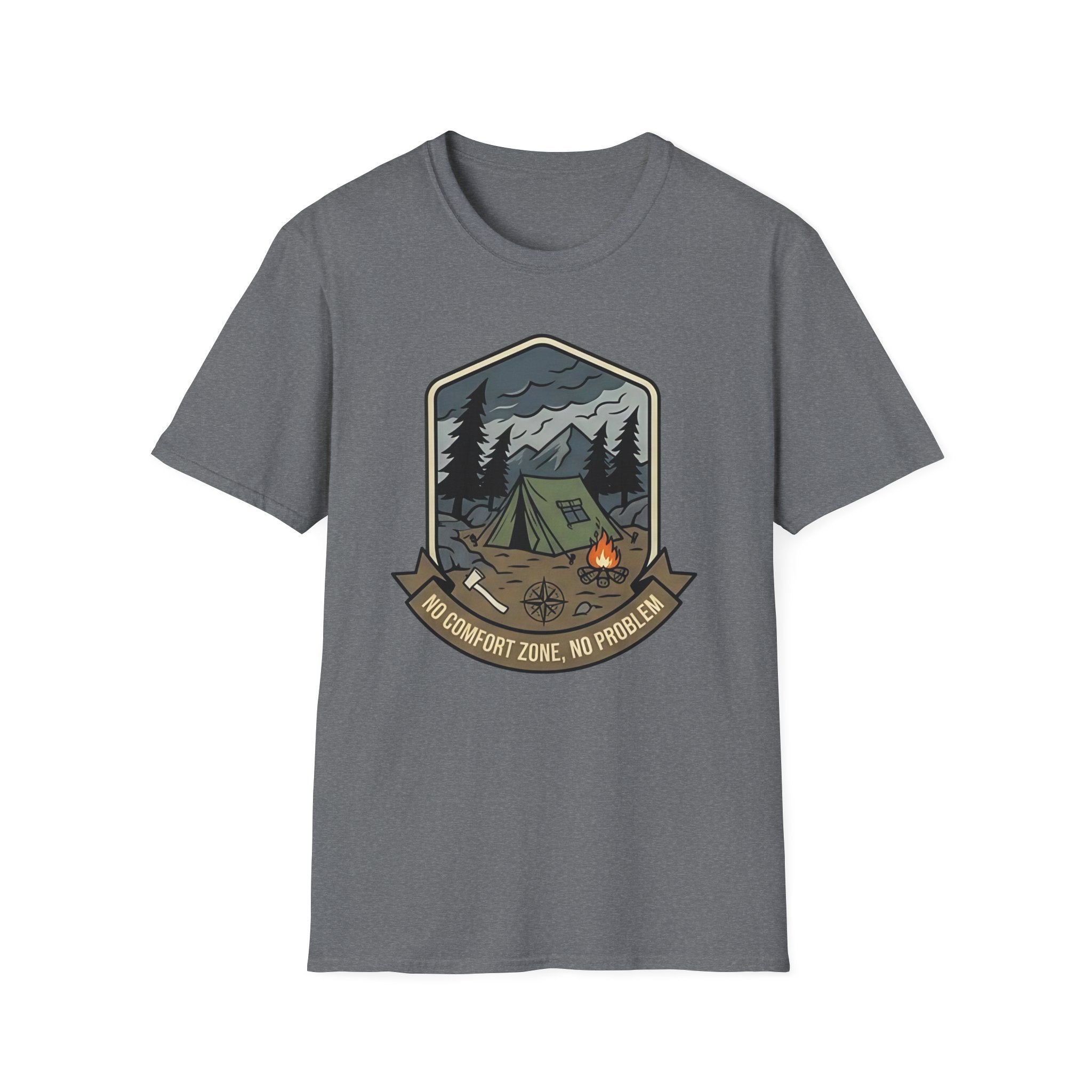 Camping Badge tent and campfire graphic T-Shirt | outdoors hiking adventure emblem