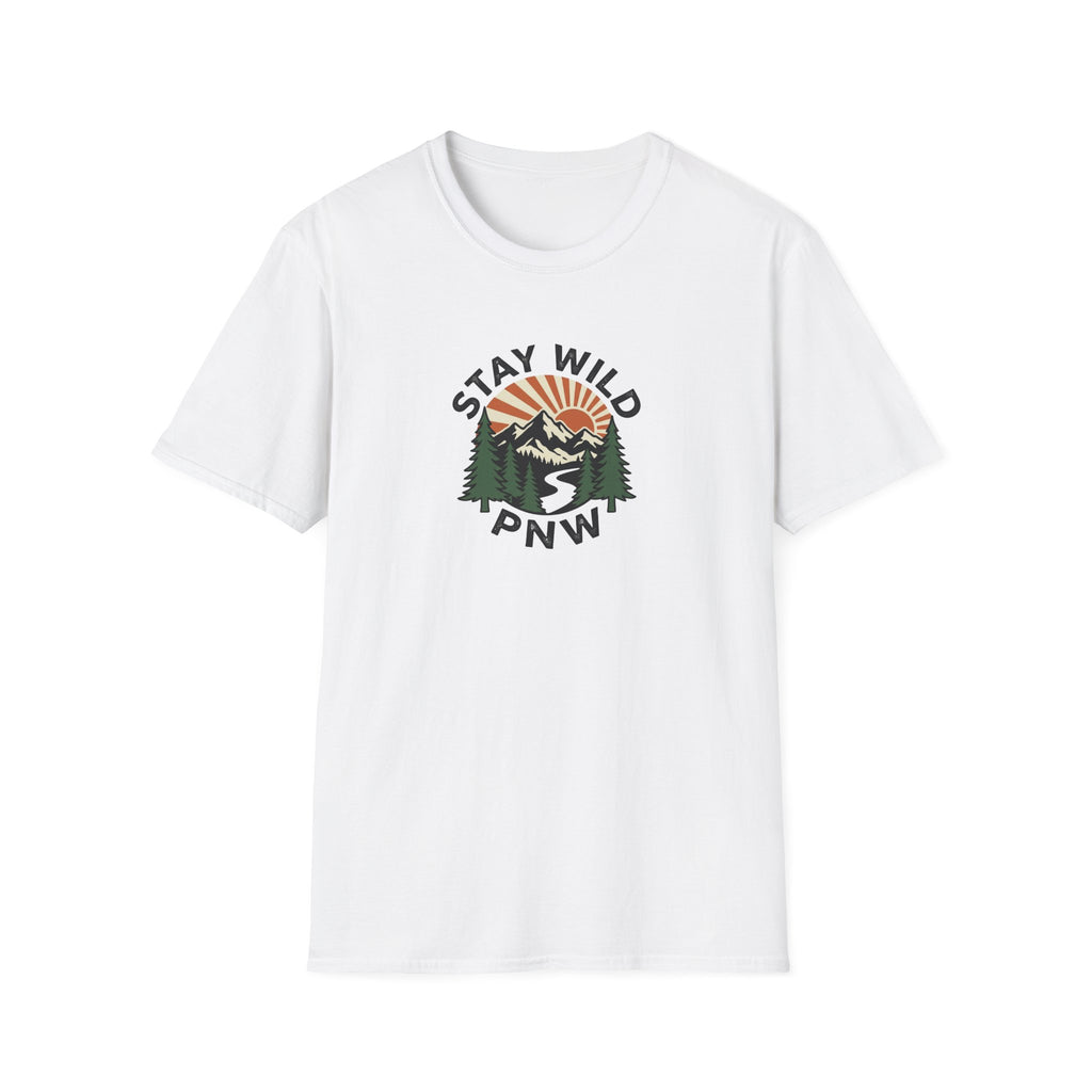Stay Wild PNW T-Shirt | Mountain Sunset, Pine Trees, River Road