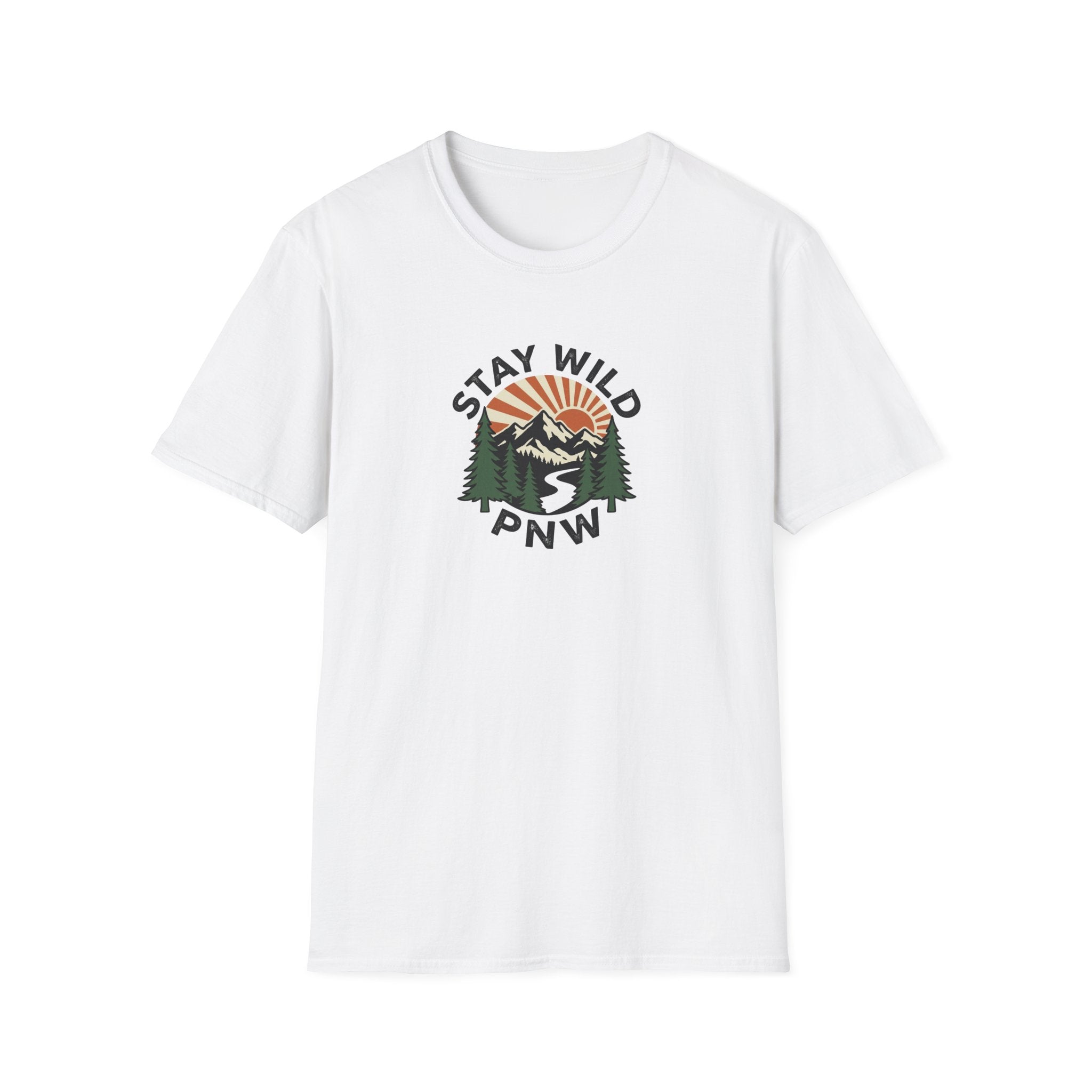 Stay Wild PNW T-Shirt | Mountain Sunset, Pine Trees, River Road