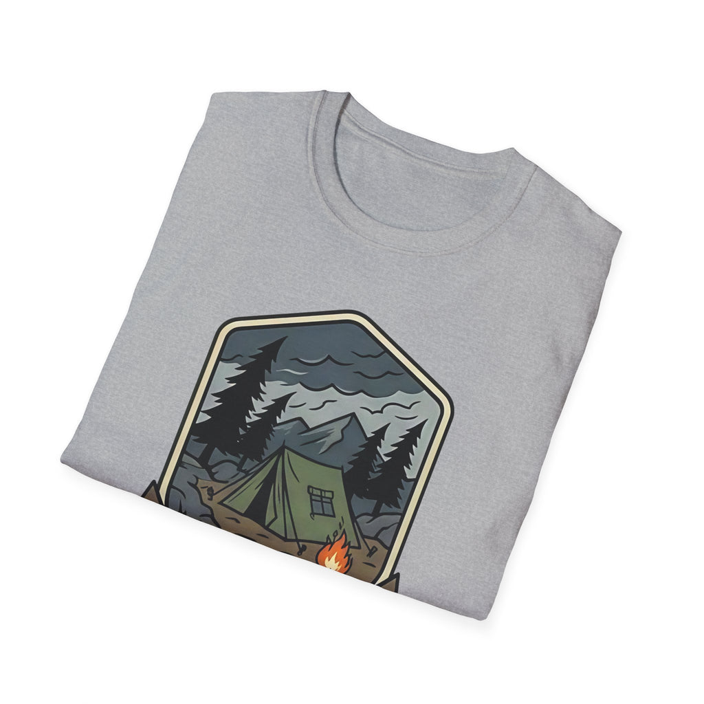 Camping Badge tent and campfire graphic T-Shirt | outdoors hiking adventure emblem