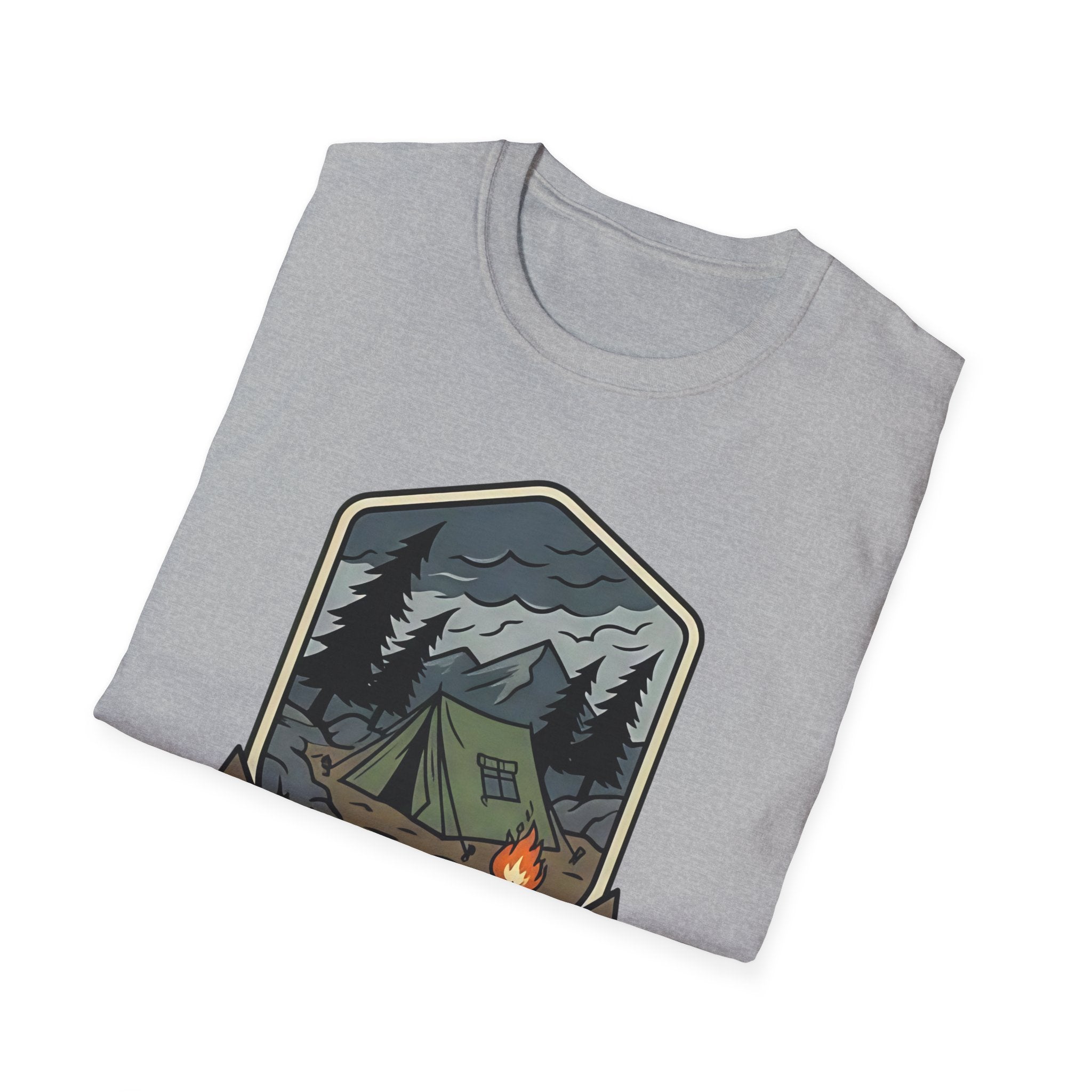 Camping Badge tent and campfire graphic T-Shirt | outdoors hiking adventure emblem