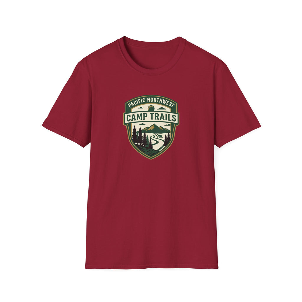 Camp Trails badge T-Shirt | Mountain camping logo, forest trail emblem