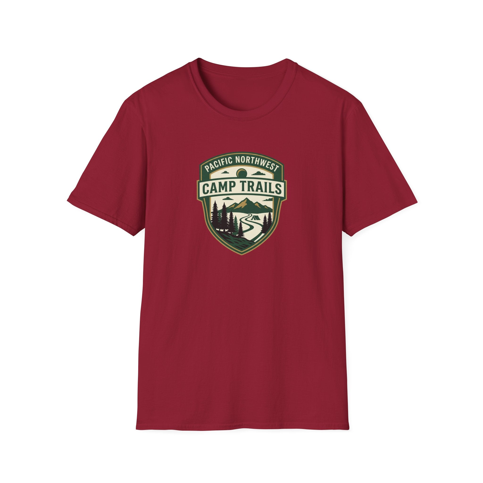 Camp Trails badge T-Shirt | Mountain camping logo, forest trail emblem
