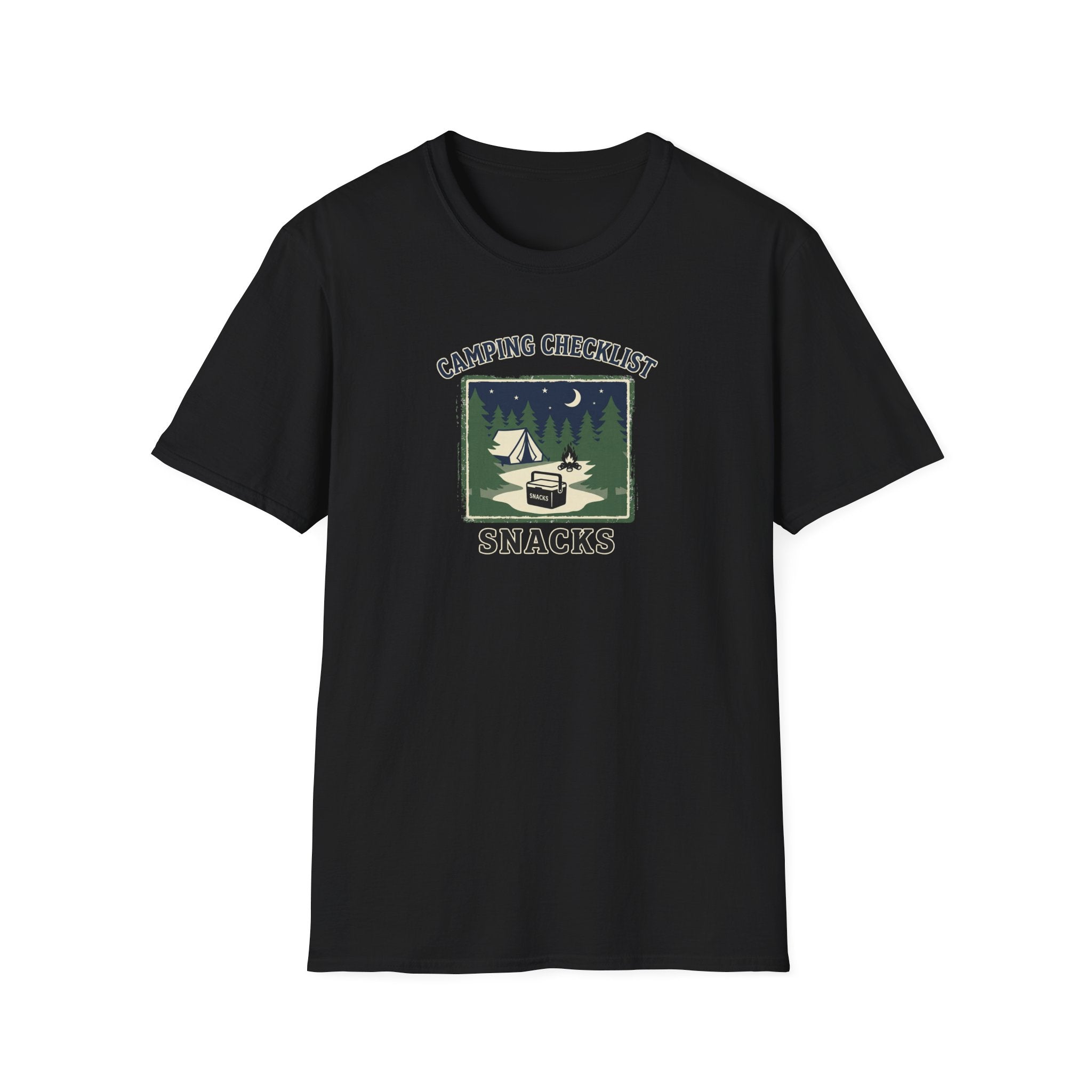 Camping Checklist Snacks T-Shirt | Camping Graphic Tee, Tent Campfire Design