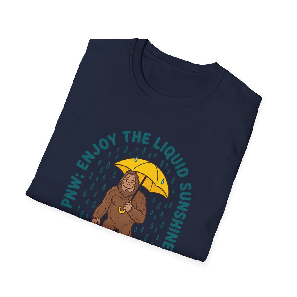 PNW Enjoy the Liquid Sunshine Bigfoot T-Shirt | Rain Umbrella Illustration