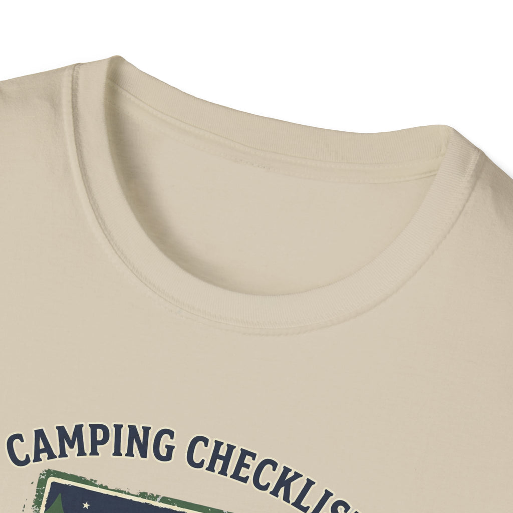 Camping Checklist Snacks T-Shirt | Camping Graphic Tee, Tent Campfire Design