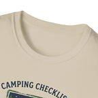 Camping Checklist Snacks T-Shirt | Camping Graphic Tee, Tent Campfire Design