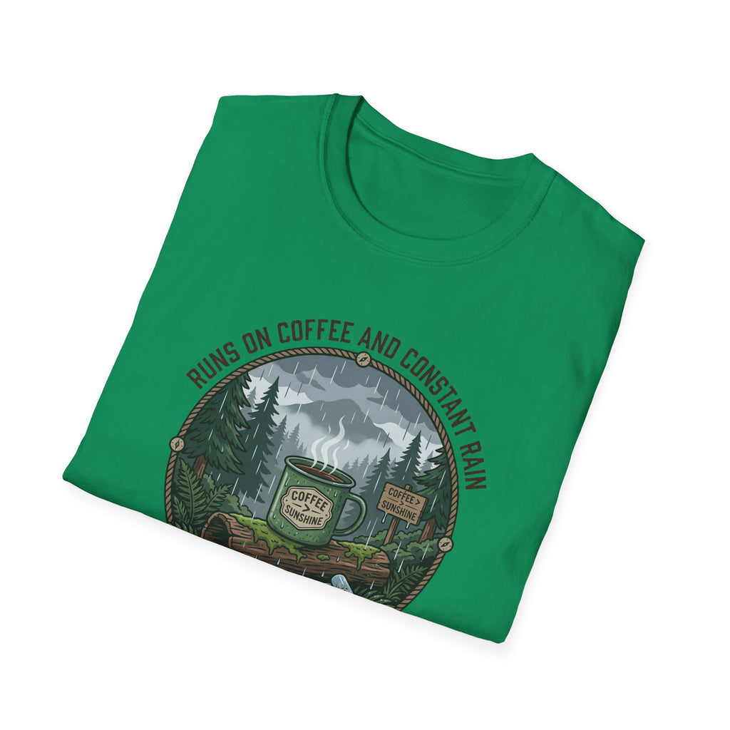 Cozy Camping Coffee Scene T-Shirt | Mountain Mug, Rainy Forest Illustration