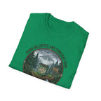Cozy Camping Coffee Scene T-Shirt | Mountain Mug, Rainy Forest Illustration