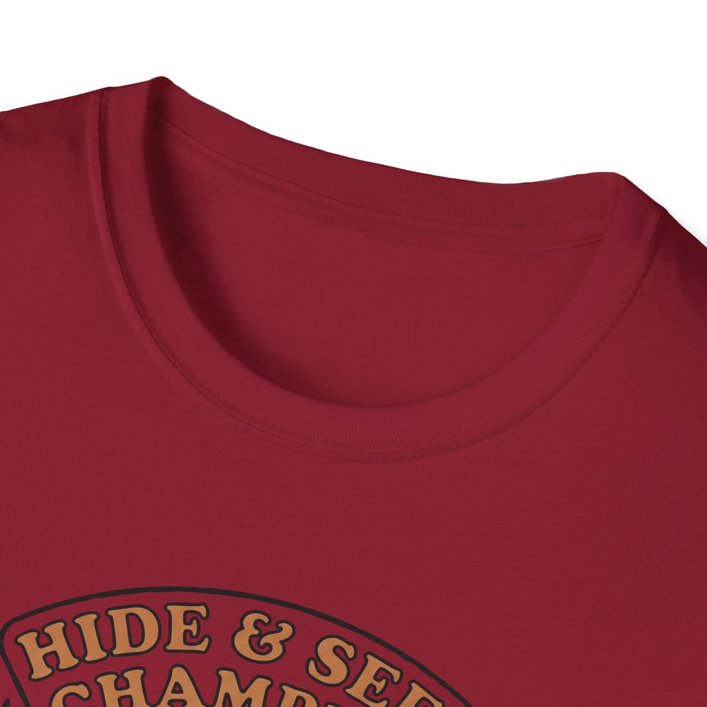 Sasquatch Hide & Seek Champion T-Shirt | Powered by Coffee, Bigfoot Design
