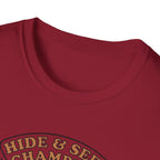 Sasquatch Hide & Seek Champion T-Shirt | Powered by Coffee, Bigfoot Design