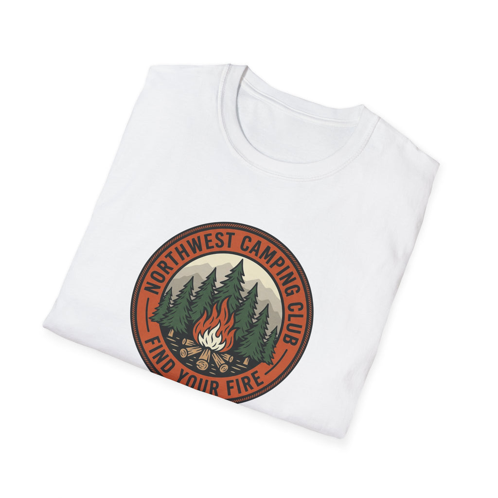 Northwest Camping Club Find Your Fire T-Shirt | Campfire Trees Outdoor Badge Shirt